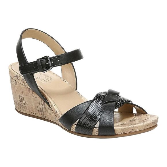 Naturalizer Women's Adelina Black Faux Leather Wedge Sandal Size 7.5W - Picture 1 of 8